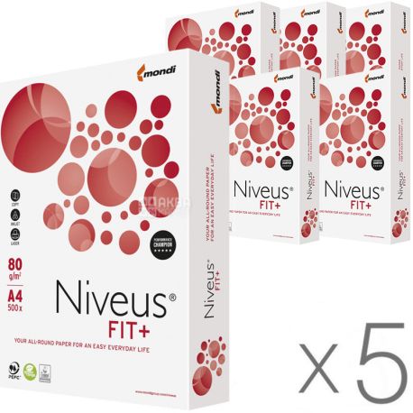 Niveus Fit +, Упаковка 5 шт. х 500 аркушів, Папір офісна, біла, А4, Клас В, 80 г / м2