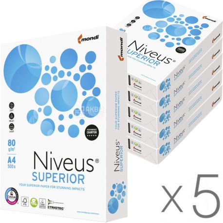 Niveus Superior, Упаковка 5 шт. х 500 листов, Бумага офисная, белая, А4, Класс A, 80 г/м2