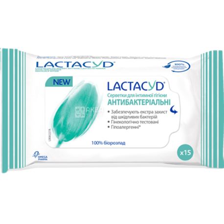 Lactacyd, 15 шт., Влажные салфетки для интимной гигиены, антибактериальные