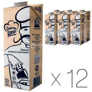 Смачно шеф, Упаковка 12 шт, по 1 л, Сливки ультрапастеризованные, 10 %