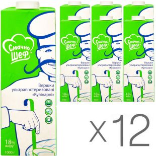 Смачно шеф, Упаковка 12 шт, по 1 л, Вершки ультрапастеризовані, 18%