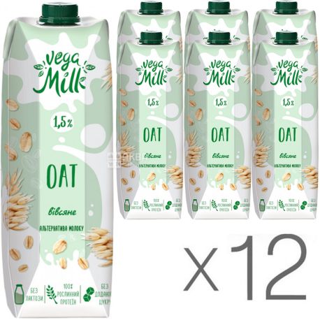 Vega Milk, Упаковка 12 шт, по 950 мл, Напій вівсяний ультрапастеризований, 1,5%