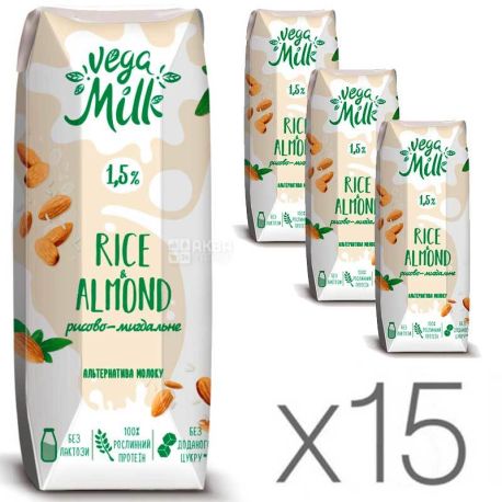 Vega Milk, Упаковка 15 шт. по 250 мл, Напиток рисово-миндальный ультрапастеризованный, 1,5 %