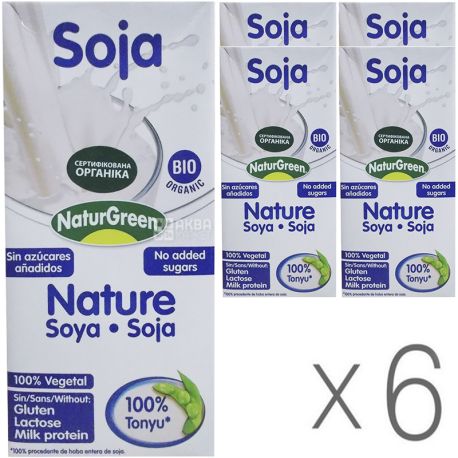 NaturGreen, Soya, Упаковка 6 шт, по 1 л, Напій рослинний з сої, без цукру