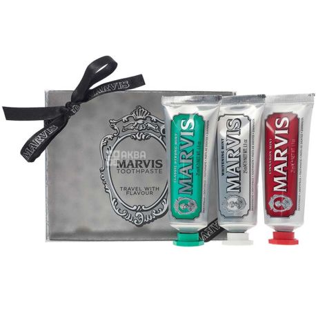 Marvis, 3х25 мл, Классическая, отбеливающая, корица и мята, Подарочный набор зубных паст