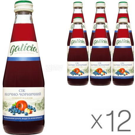 Galicia, Яблуко-чорниця, Упаковка 12 шт. х 0,3 л, Сік прямого віджиму