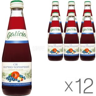 Galicia, Упаковка 12 шт. х 0,3 л, Сік натуральний Яблучно-Чорничний Галіція, без цукру, скло