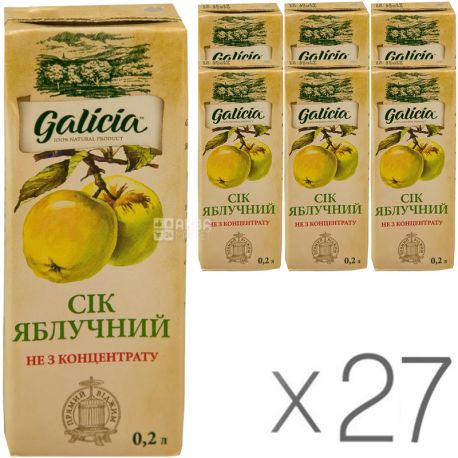 Galicia, Яблоко, Упаковка 27 шт. х 0,2 л, Сок прямого отжима
