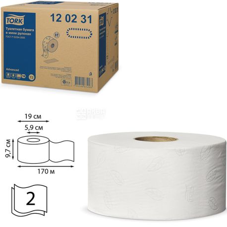 Tork, Advanced, 170 м, Туалетний папір в міні рулонах, 2-х шаровий, 19 х 9,7 см, білий