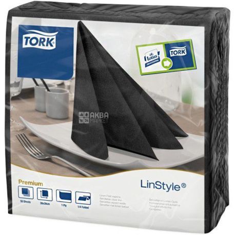Tork, LinStyle Premium, 50 шт, Серветки для сервірування, одношарові, 39 х 39 см, чорні