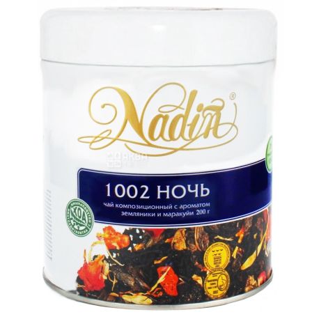 Nadin, 1002 Ночь, 200 г, Чай Надин, микс черного и зеленого с лепестками цветов и кусочками фруктов, ж/б