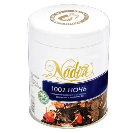 Nadin, 1002 Ночь, 200 г, Чай Надин, микс черного и зеленого с лепестками цветов и кусочками фруктов, ж/б
