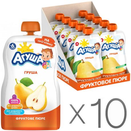 Агуша, Груша, Упаковка 10 шт. х 90 г, Пюре фруктовое, с 4 месяцев