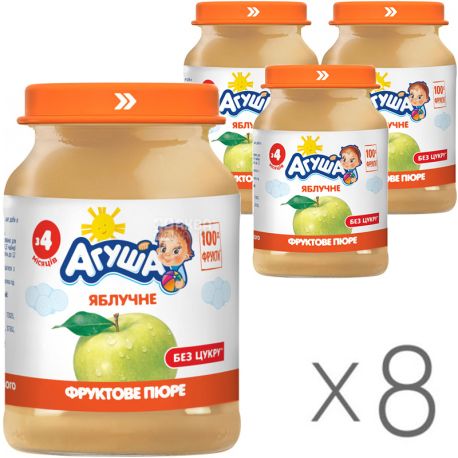 Агуша, Яблоко, Упаковка 8 шт. х 190 г, Пюре фруктовое, с 4 месяцев