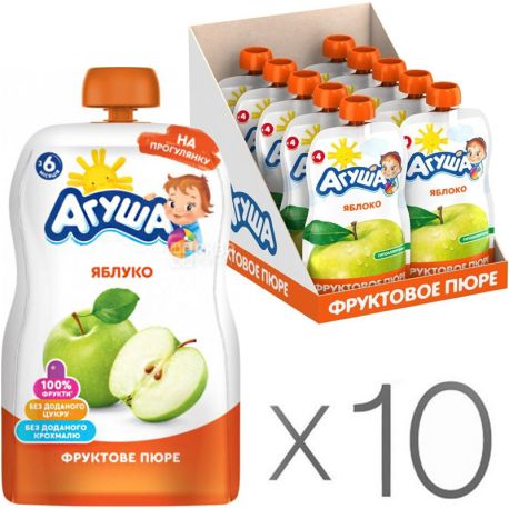 Агуша, Яблоко, Упаковка 10 шт. х 90 г, Пюре фруктовое, с 4 месяцев