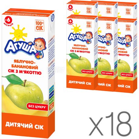 Агуша, Яблоко-банан, Упаковка 18 шт. х 0,2 л, Сок с мякотью, без сахара, с 6 месяцев