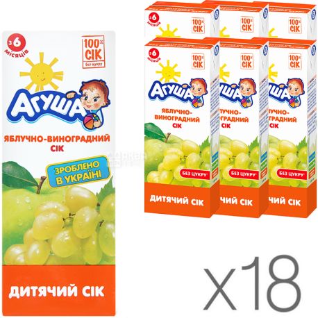 Agusha, Apple-grapes, Packing 18 pcs. x 0.2 l, Clarified juice, sugar free, from 6 months