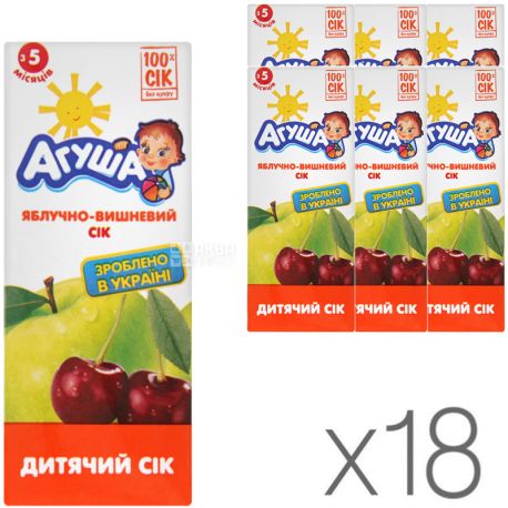 Агуша, Яблоко-вишня, Упаковка 18 шт. х 0,2 л, Сок осветленный, без сахара, с 5 месяцев