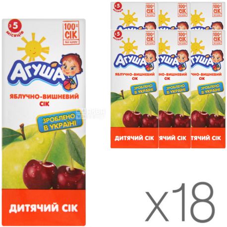 Агуша, Яблуко-вишня, Упаковка 18 шт. х 0,2 л, Сік освітлений, без цукру, з 5 місяців