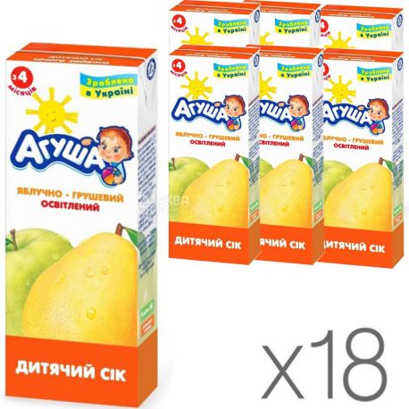 Агуша, Яблоко-груша, Упаковка 18 шт. х 0,2 л, Сок осветленный, без сахара, с 4 месяцев