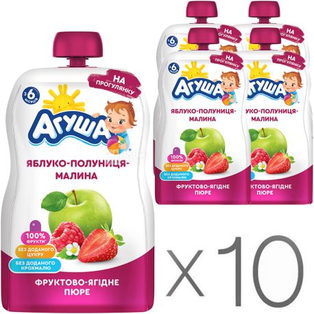 Агуша, Яблуко-полуниця-малина, Упаковка 10 шт. х 90 г, Пюре фруктове, з 6 місяців