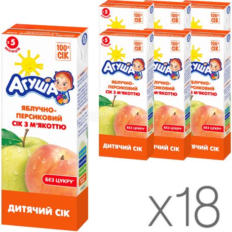 Агуша, Яблуко-персик, Упаковка 18 шт. х 0,2 л, Сік із м'якоттю, без цукру, з 5 місяців
