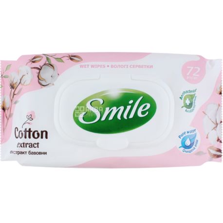 Smile, Natural, 72 pcs., Wet wipes, with cotton extract