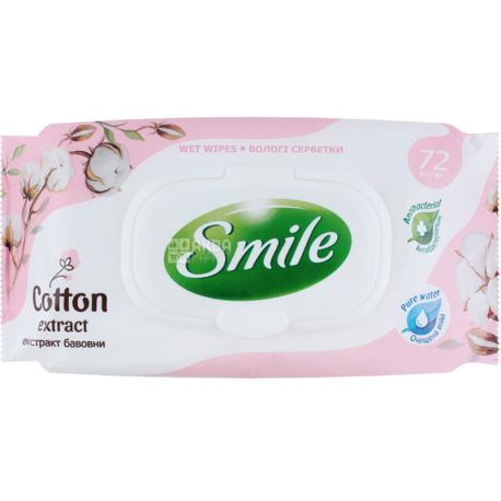 Smile, Natural, 72 шт., Серветки вологі, з екстрактом бавовни