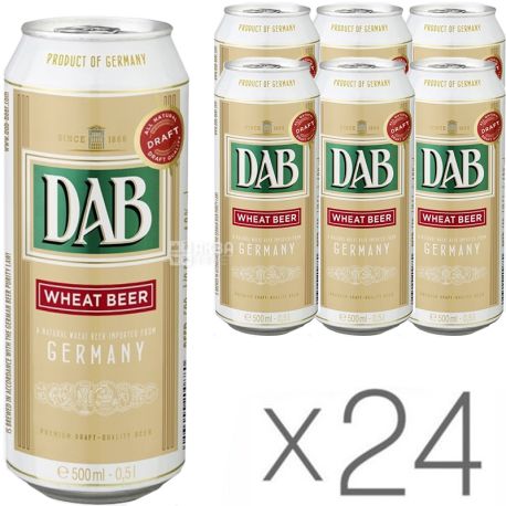 Dab, Упаковка 24 шт. х 0,5 л, Даб, Пиво светлое нефильтрованное, ж/б