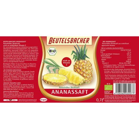 Beutelsbacher, Ananassaft, 0,7 л, Сок ананасовый, органический
