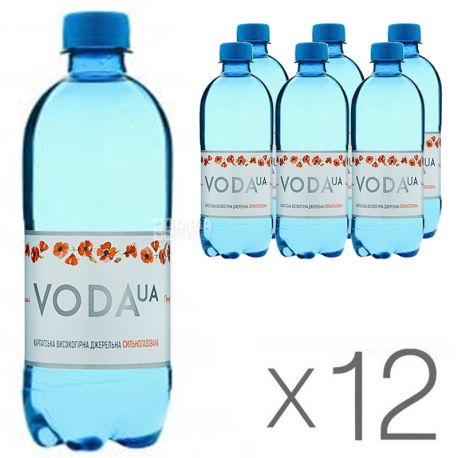 VODA UА, 0,5 л, Упаковка 12 шт., Вода ЮА, Вода газована, ПЕТ