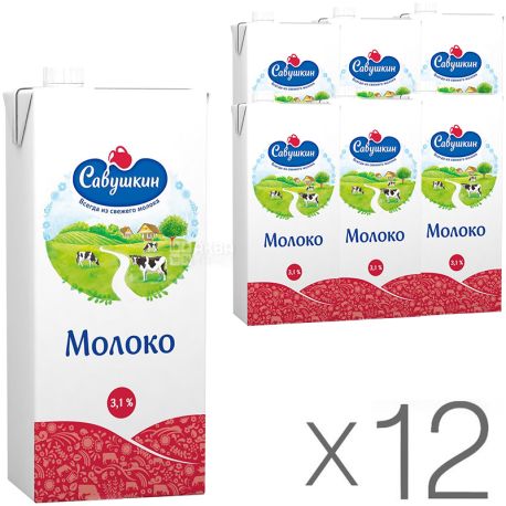 Savushkin product, Pack of 12 x 1 l, Ultra-pasteurized milk, 3.1%
