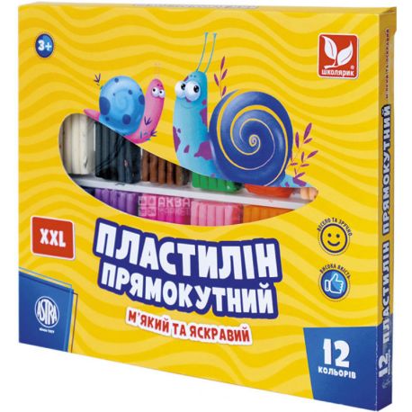 Школярик, 12 шт., Пластилин восковый прямоугольный, цветной, 3+