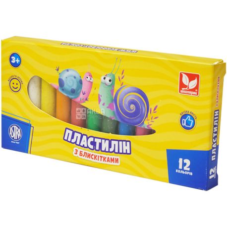 Школярик, 12 шт., Пластилин восковый круглый, с блестками, 3+