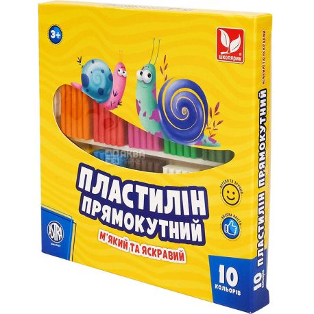 Школярик, 10 шт., Пластилін восковий прямокутний, кольоровий, 3+