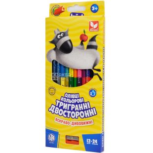 Школярик, 12 шт., Карандаши цветные трехгранные, двусторонние, с точилкой, 24 цвета, 3+