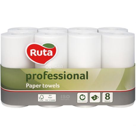 Ruta, Professional, 8 рулонов, Полотенца бумажные, двухслойные, белые