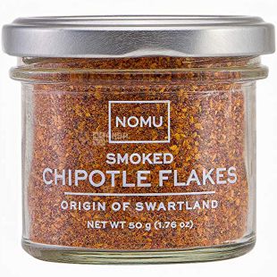 NOMU, Chipotle Flakes, 50 г, Копченый красный перец халапеньо, измельченный, стекло