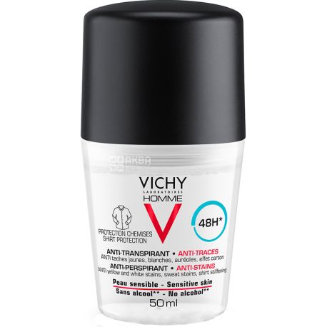 Vichy, Homme Anti-Perspirant, 50 мл, Кульковий дезодорант проти білих плям, чоловічий