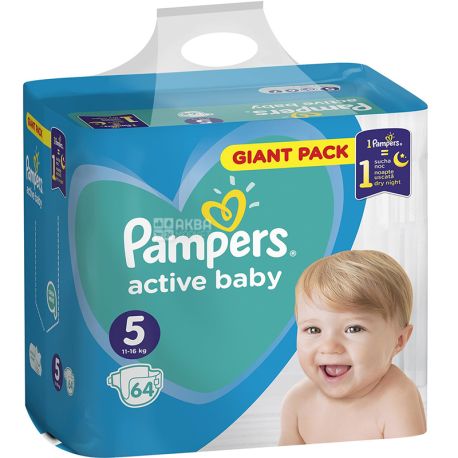 Pampers Active Baby-Dry Junior, Giant Pack, 64 шт., Памперс, Підгузки, Розмір 5, 11-18 кг