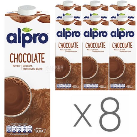 Alpro, Soya Chocolate, Упаковка 8 шт. по 1 л, Алпро, Соевое молоко с шоколадом, витаминизированное