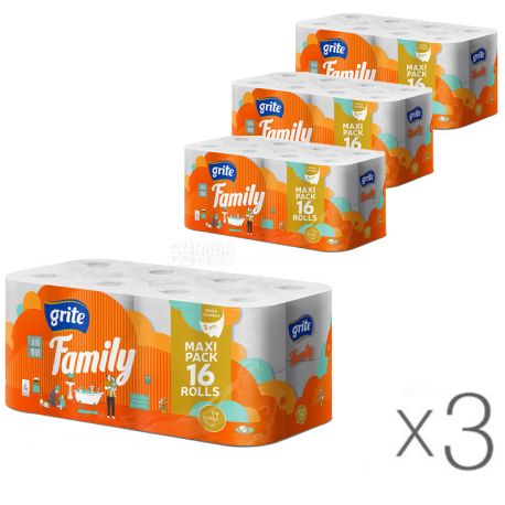 Grite Family Décor, 16 рул., Упаковка 3 шт., Грит Фемілі Декор, Папір туалетний, макулатурний, 3 шари