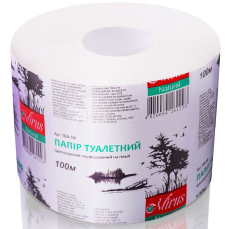 Mirus Natural, 100 м, Туалетний папір, одношаровий, 9х12 см
