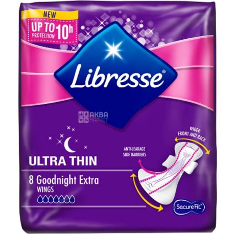 Libresse Ultra Night Extra Soft, 8 шт, Гігієнічні прокладки, анатомічні, 8 крапель, з крильцями