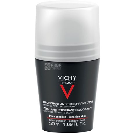 Vichy, Deo Anti-Transpirant, 50 ml, Antiperspirant Roll-On, Men, 72 Hours