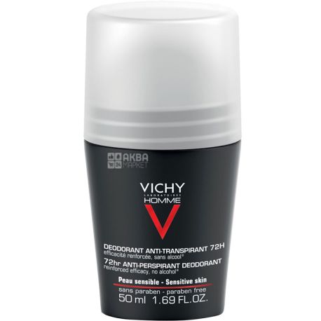 Vichy, Deo Anti-Transpirant, 50 мл, Кульковий антиперспірант, чоловічий, 72 години