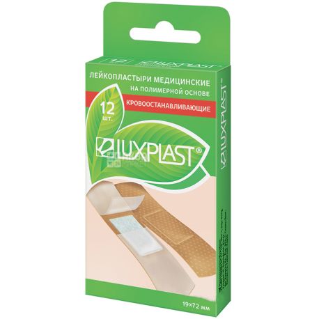 Luxplast, 12 шт, Лейкопластырь Кровоостанавливающий на полимерной основе, 1.9 х 7.2 см