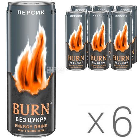 Burn Peach, Упаковка 6 шт. по 0,25 л, Напій енергетичний Берн Персик, без цукру