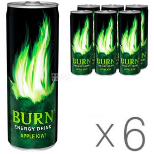 Burn Apple Kiwi, Упаковка 6 шт. по 0,5 л, Напій енергетичний Берн Яблуко-Ківі