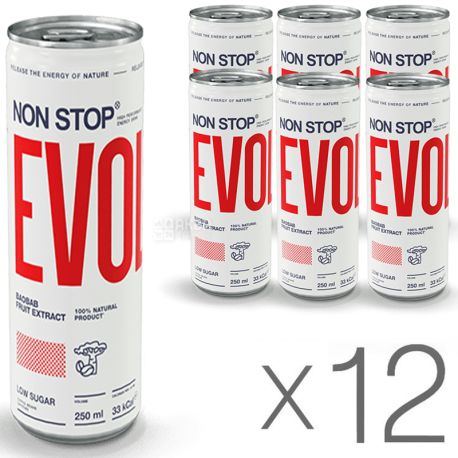 Non Stop Evolution Fresh, Упаковка 12 шт по 0,25 л, Напій енергетичний безалкогольний, з низьким вмістом цукру, ж / б, Упаковка 